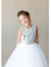 Silver Sequin White Tulle Cross Back Floor Length Flower Girl Dress